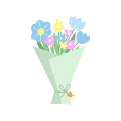 Vector bouquet of spring flowers in soft pastel tones. Hand drawn floral bunch with tulips, daisies and wildflowers in green wrapping paper. 