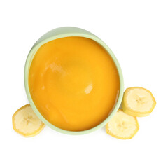 Baby food. Tasty puree in bowl and banana isolated on white, top view