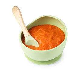 Baby food. Tasty puree in bowl and spoon isolated on white