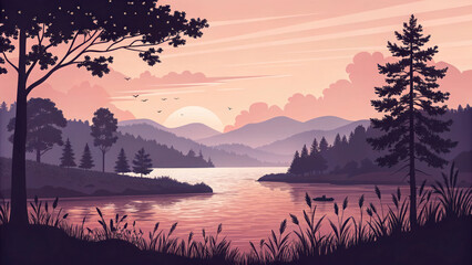 Obraz premium Stylized lake landscape at dusk with warm pastel sky – vector art