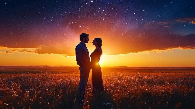 Romantic couple embracing sunset