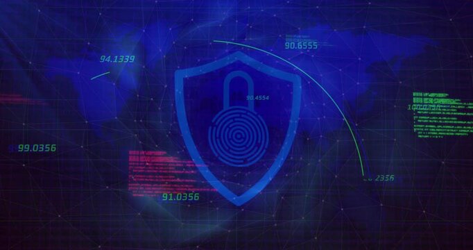 Turquoise shield outline enclosing fingerprint padlock hovering over cyber grid, showing neon data