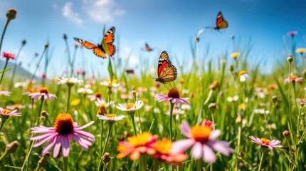 Butterflies Flying Over Colorful Flower Field Under Blue Sky