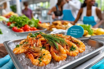 Mariscos frescos expuestos en un puesto de mariscos con camarones y vegetales en un mercado animado