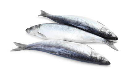 Three tasty salted herrings on white background