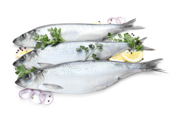Salted herrings and spices on white background, above view