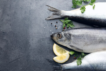 Salted herrings and spices on grey table, flat lay. Space for text