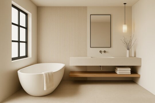 warm minimalist bathroom with sculptural sink and bathtub