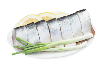 Pieces of delicious herring with lemon slices and green onions isolated on white