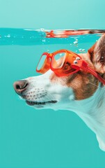 A dog wearing orange goggles swims underwater in a bright turquoise pool, showcasing a playful and adventurous spirit.