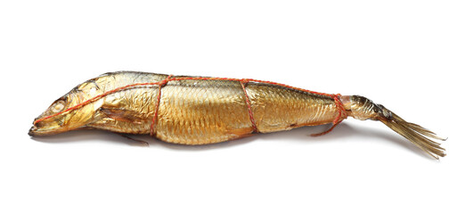 One delicious smoked herring isolated on white