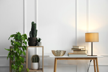 Shelving unit with houseplants and table near white wall