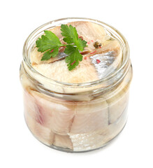 Pieces of delicious herring with parsley and spices in jar isolated on white