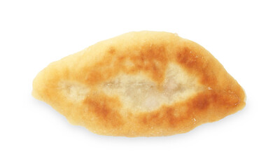 Delicious fried pyrizhok (stuffed pie) isolated on white, top view