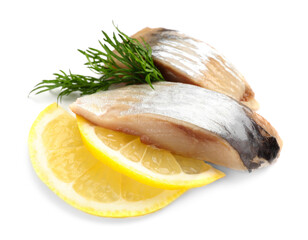 Pieces of delicious herring with lemon slices and dill isolated on white