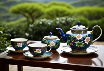Fototapeta premium There are three teapots and two cups on one table