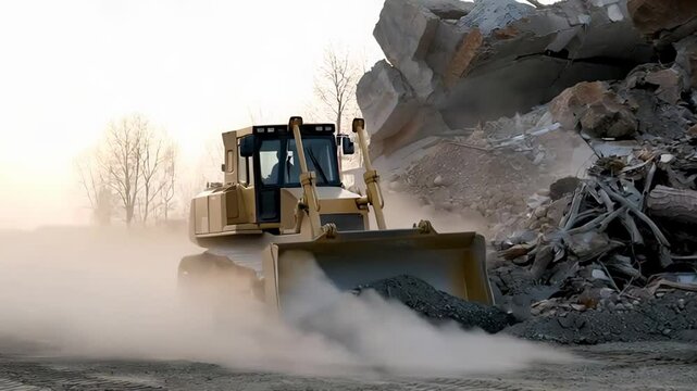 Heavy duty bulldozer pushing earth and debris on a construction or demolition site. Powerful industrial machinery at work.