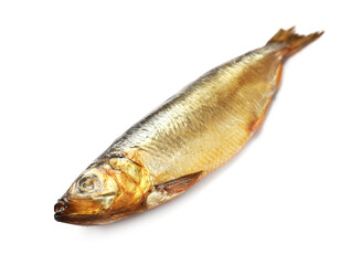 One tasty smoked herring on white background