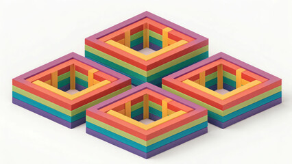 "Layered geometric rainbow shapes forming 3D illusion"