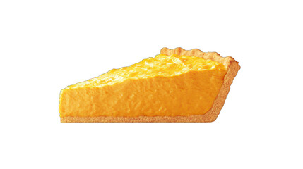 Bright orange pumpkin pie slice with crust isolated