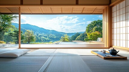 Fototapeta premium Japanese Zen Room with Mountain View