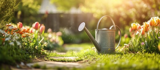 Watering can on green grass in the garden with a path and flowers, a springtime banner background.