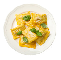 Delicious ravioli with cheese and basil on white background, top view