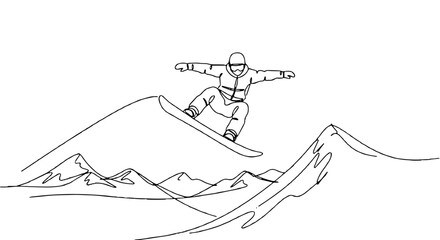 Outline of a snowboarder performing a jump on snowy mountains in a minimalist style
