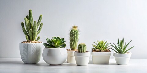Fototapeta premium Mini Cactus & Succulent Collection in Modern Ceramic Vase - White Background