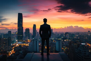 Naklejka na ściany i meble Businessman watching city skyline at sunset