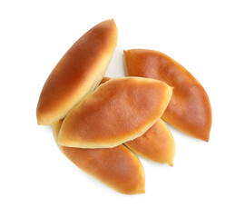 Tasty baked patties isolated on white, top view