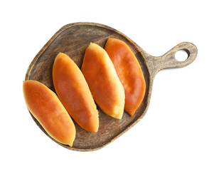 Tasty baked patties isolated on white, top view