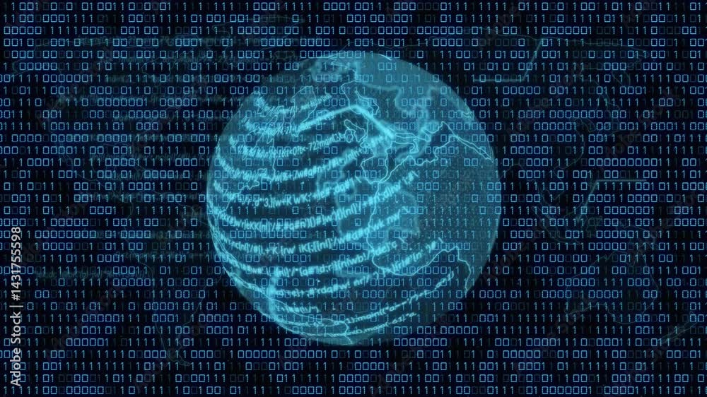 Poster glowing blue digital globe floating in dark cyberspace, with scrolling binary code matrix