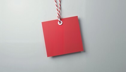 Blank Red Tag Hanging on String Against Light Background  