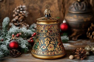 Ornate Gold and Black Christmas Bell Decoration on Rustic Wooden Surface