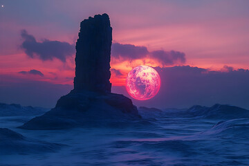 A dramatic, twilight scene of a solitary, weathered rock formation against a vibrant, crimson moon.