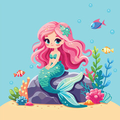 Illustration of a Beautiful mermaid girl with beautiful eyes sitting on a rock. Poster, Banner, Flyer, Greeting Card. Vector Illustration on blue background in Flat style