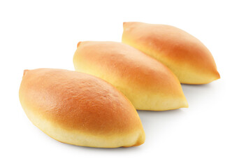 Many tasty baked patties isolated on white