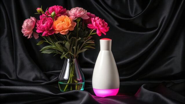 Elegant white bottle with hot pink base and neon rainbow vase of animated glowing peonies, black silk backdrop. - Powered by Adobe
