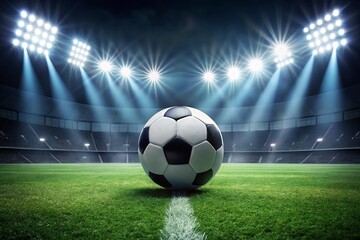 Minimalist Black and White Soccer Ball Stadium Night Lights Stock Photo