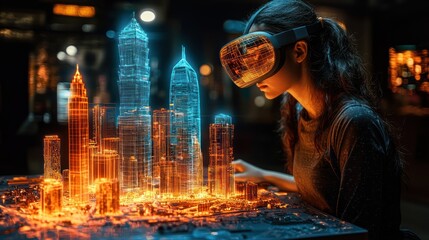 Woman Exploring a Virtual Cityscape with VR Headset: Innovative Urban Planning and Architectural Visualization
