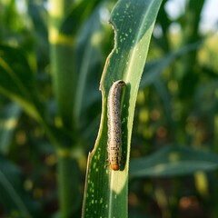 Obraz premium Fall Armyworm Macro Photo Corn Leaf Damage High Detail Natural Light