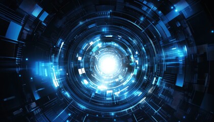 Fototapeta premium Futuristic, glowing, technological tunnel. Circular, intricate, digital design. Bright, vibrant, blue light