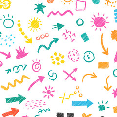 Crayon pencil vector set. Color lines and shapes with brush texture. Doodle paint background with chalk hand drawn elements. Sketch kid scribble, abstract children bg. Crayon shape, arrow circle heart