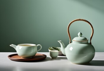 Teapots and cups on the table