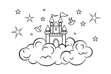 Fantasy castle on clouds surrounded by stars and birds line art illustration design for kids