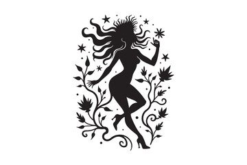 Mystical Woman Silhouette with Nature and Stars Fantasy Vector Illustration