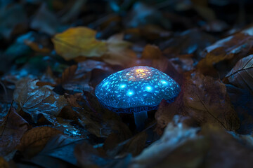 Mystical glowing mushroom in a bed of autumn leaves.