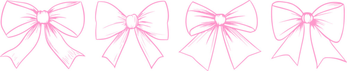 Set of pink flirty vintage satin bows.Y2k aesthetic ribbon, elegant accessory, pastel tie isolated on white background.