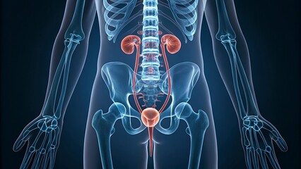 Digital illustration of pelvic girdle in colour x-ray background 3D illustration of Human Urinary System Anatomy	
